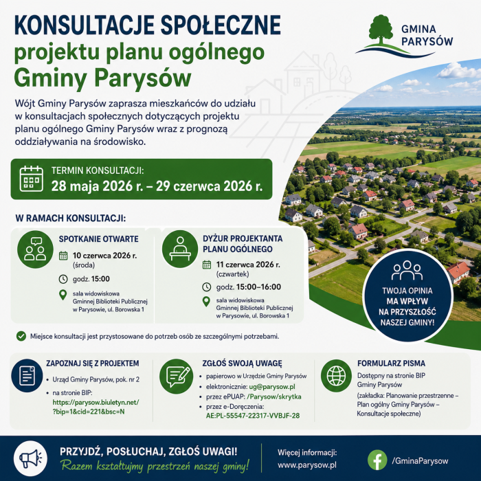 Miniaturka artykułu Konsultacje społeczne projektu planu ogólnego Gminy Parysów