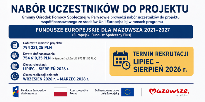 Miniaturka artykułu Trwa rekrutacja do projektu „Placówka Wsparcia Dziennego w Parysowie – reaktywacja!”